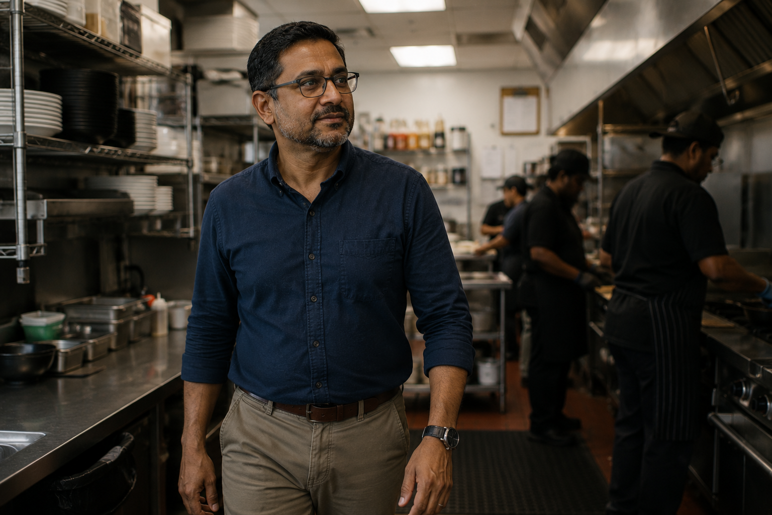 A multi-unit operator on the floor of his restaurant kitchen